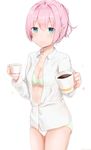  bangs blue_eyes blush bra breasts cleavage closed_mouth coffee coffee_mug collarbone commentary_request cowboy_shot cup drink eyebrows_visible_through_hair frilled_bra frills green_bra green_panties highres holding holding_cup kantai_collection long_sleeves looking_at_viewer mug niko_(aiai03012) no_pants panties partially_unbuttoned pink_hair ponytail see-through shiranui_(kantai_collection) short_hair short_ponytail simple_background small_breasts solo standing tareme underwear white_background 