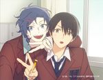  blue_eyes blue_hair chestnut_mouth hair_ornament hairclip hasegawa_kouta loose_necktie male_focus mechanical_pencil mizuno_yuu multiple_boys necktie official_art pencil sanrio_danshi school_uniform sitting smile taking_picture upper_body v yellow_eyes 