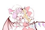  ^_^ bangs bat_wings blonde_hair blush bow cheek_kiss closed_eyes commentary eyebrows_visible_through_hair flandre_scarlet frilled_shirt_collar frills hat hat_bow hat_ribbon holding_hands interlocked_fingers kiss long_hair minust mob_cap multiple_girls puffy_short_sleeves puffy_sleeves purple_hair red_bow red_ribbon remilia_scarlet ribbon sash short_hair short_sleeves siblings simple_background sisters smile touhou white_background white_bow wings wrist_cuffs 