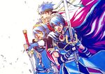  2boys blue_eyes blue_hair cape falchion_(fire_emblem) fire_emblem fire_emblem:_akatsuki_no_megami fire_emblem:_kakusei fire_emblem:_monshou_no_nazo fire_emblem:_souen_no_kiseki headband ike long_hair lucina male_focus marth multiple_boys ragnell short_hair sword tiara weapon 