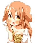  :d animal_ears animal_print blush bra breast_press breasts brown_eyes brown_hair collarbone collared_shirt dog_ears fang gau_(n00_shi) hair_between_eyes highres index_finger_raised leopard_print long_hair looking_at_viewer medium_breasts open_clothes open_mouth open_shirt original shirt smile solo thick_eyebrows underwear upper_body white_shirt wing_collar 