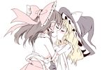  bare_shoulders blonde_hair blush bow brown_hair closed_eyes collarbone commentary couple detached_sleeves hair_bow hair_tubes hakurei_reimu hand_on_another's_shoulder hat hug kirisame_marisa kiss kiss_day large_bow long_hair minust multiple_girls ribbon-trimmed_sleeves ribbon_trim sarashi simple_background touhou undone_sarashi white_background witch_hat yuri 