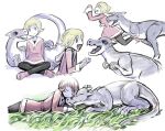  &gt;_&lt; 1girl black_legwear blonde_hair blue_eyes dinosaur eyes_closed grass idon indian_style on_ground open_mouth original running sharp_teeth short_hair sitting smile teeth 