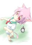  animal_ears bad_id bad_pixiv_id blush cat cat_ears cat_tail commentary_request from_above grass highres kantai_collection kemonomimi_mode leaning_back looking_at_viewer looking_up neckerchief paw_pose peko_pekon pink_hair red_eyes red_neckwear sandals school_uniform serafuku short_hair short_sleeves shorts slit_pupils solo tail tama_(kantai_collection) twitter_username 