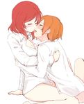  arm_support blush bottomless breasts cleavage closed_eyes collared_shirt commentary_request highres hoshizora_rin hug itsuki_kuro kiss_day long_sleeves love_live! love_live!_school_idol_project medium_breasts multiple_girls nishikino_maki orange_hair partially_unbuttoned red_hair saliva saliva_trail shirt short_hair simple_background sitting sketch sweat tongue white_background white_shirt yuri 