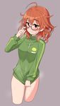  ahoge araki_hina blush breasts brown_eyes commentary_request finger_to_cheek glasses green_jacket highres idolmaster idolmaster_cinderella_girls jacket jacket_tug jitome looking_at_viewer medium_breasts messy_hair no_pants omaru_gyuunyuu orange_hair semi-rimless_eyewear short_hair simple_background smile solo thighs track_jacket 