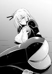  ass blush bodysuit breasts cleavage greyscale hair_bun hair_ornament hair_stick kawabata_yoshiro large_breasts long_hair monochrome nancy_lee ninja_slayer one_eye_closed solo torn_clothes wet 