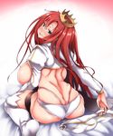 ass back backless_outfit blush boudica_(fate/grand_order) breasts butt_crack commentary_request crown fate/grand_order fate_(series) green_eyes huge_breasts juliet_sleeves long_hair long_sleeves looking_at_viewer looking_back naughty_face o-ring o-ring_bottom on_bed oohira_sunset panties puffy_sleeves red_hair seiza shrug_(clothing) sideboob sitting smile solo teeth thigh_strap thighhighs thighs thong underwear white_legwear white_panties wide_hips 