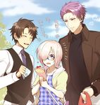  2boys adapted_costume alternate_costume black_hair blue_eyes blush commentary_request crepe day dress fate/grand_order fate_(series) father_and_daughter food fujimaru_ritsuka_(male) glasses hair_over_one_eye lancelot_(fate/grand_order) mash_kyrielight multiple_boys necktie nitaka_(fujikichi) open_mouth outdoors plaid plaid_dress purple_eyes purple_hair short_hair smile translated unmoving_pattern 