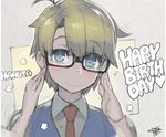  birthday blonde_hair blue_eyes character_name glasses happy_birthday haruchika kamijou_haruta male_focus namaniku_atk necktie red_neckwear school_uniform signature solo vest 