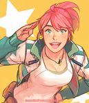  annie_mei annie_mei_project breasts caleb_thomas cleavage earrings green_eyes hand_on_hip jacket jewelry lips medium_breasts open_clothes open_jacket pendant pink_hair ponytail salute solo star thick_eyebrows track_jacket yellow_background 
