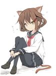  animal_ears brown_eyes brown_hair cat_ears cat_tail commentary core_(mayomayo) crossed_legs hair_ornament hairclip ikazuchi_(kantai_collection) kantai_collection kemonomimi_mode neckerchief pantyhose pleated_skirt red_neckwear school_uniform serafuku short_hair sitting_on_ground sketch skirt smile solo tail translated 