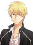  adapted_costume akuta_michi alternate_costume blonde_hair casual contemporary fate/stay_night fate_(series) gilgamesh hair_between_eyes looking_at_viewer male_focus red_eyes slit_pupils smile solo upper_body 