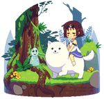  animal animated animated_gif annoying_dog brown_hair cosplay dav-19 day dog facial_tattoo flower frisk_(undertale) grass headband lowres mononoke_hime moss outdoors plant san san_(cosplay) short_hair stone tail_wagging tattoo transparent_background tree undertale w.d._gaster 