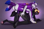  2017 all_fours anal anal_penetration anthro anus balls blue_eyes butt canine cynder_(1tiamat1) cynder_nightshadow duo eyewear female fleki fleki_(character) fox from_behind_position fur glasses hair herm herm/female herm_penetrating intersex intersex/female intersex_penetrating knot mammal multi_tail multicolored_hair pawpads penetration penis purple_eyes purple_fur pussy sex simple_background smile wolf 