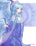  angel_wings blue_eyes blue_hair brooch heterochromia jewelry long_hair multiple_wings nail_polish open_mouth red_eyes robe sariel seraph touhou touhou_(pc-98) very_long_hair wide_sleeves wings yoni. 