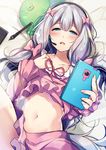  bad_id bad_pixiv_id bangs blouse blue_eyes blush bow cellphone clothes_lift collarbone commentary_request eromanga_sensei eyebrows_visible_through_hair frills hair_bow half-closed_eyes headphones headset hirai_yuzuki holding holding_phone izumi_sagiri long_hair long_sleeves looking_at_viewer lying navel on_back open_mouth pajamas phone pink_blouse pink_bow silver_hair smartphone solo stuffed_animal stuffed_octopus stuffed_toy stylus tablet thighs very_long_hair 