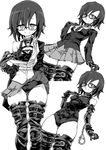  bdsm bondage bondage_outfit bound breast_bondage breasts choker commentary commentary_request covered_navel crotch_rope cuffs glasses gloves greyscale harness highres kinbakuman monochrome original restrained school_swimsuit self_bondage semi-rimless_eyewear shackles short_hair small_breasts smile solo swimsuit thighhighs under-rim_eyewear under_clothes uniform 