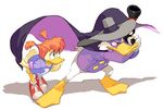  1girl cape commentary_request darkwing_duck darkwing_duck_(character) disney domino_mask gosalyn_mallard green_eyes gun hat mask nemurism red_hair shoes sneakers twintails weapon 