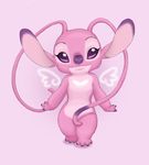  2010 4_toes alien angel_(lilo_and_stitch) antennae breast_markings claws cute digital_drawing_(artwork) digital_media_(artwork) disney experiment_(species) eyelashes front_view fur hi_res kahimi-chan lilo_and_stitch looking_at_viewer markings philtrum pink_background pink_fur purple_claws purple_eyes purple_nose simple_background smile solo toes wings 