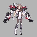  armor bare_shoulders black_legwear boots brown_hair covered_navel exoskeleton flat_chest gloves hair_ornament highres kuro_(kuronell) leotard long_hair mecha mechanical_arm original outstretched_arms pantyhose red_eyes ribbon solo strapless strapless_leotard thigh_strap twintails 