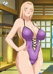  1girl blonde_hair blush breasts cleavage clothing edjim light-skinned lingerie long_hair looking_at_viewer milf naruto standing thighs tongue tongue_out tsunade underwear yellow_eyes 