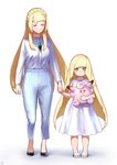  age_switch bangs blonde_hair blunt_bangs braid character_doll clefable closed_eyes dress french_braid gem gen_1_pokemon green_eyes hair_over_shoulder highres holding_hands iku_(ikuchan_kaoru) lillie_(pokemon) long_hair looking_at_viewer lusamine_(pokemon) mother_and_daughter multiple_girls older pokemon pokemon_(creature) pokemon_(game) pokemon_sm revision role_reversal sandals smile very_long_hair white_background white_dress younger 