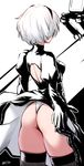  ass back_cutout black_dress black_hairband black_legwear dress feather-trimmed_sleeves from_behind hairband juliet_sleeves leotard long_sleeves nanahime nier_(series) nier_automata pod_(nier_automata) puffy_sleeves short_hair thighhighs vambraces white_hair white_leotard yorha_no._2_type_b 