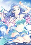  :o bad_id bad_pixiv_id beads blue_eyes blue_hair bustier full_body gradient_hair highres jewelry long_hair looking_at_viewer multicolored_hair navel_piercing necklace original piercing purple_hair seiza sitting solo water wavy_hair xingxiang_senlin 