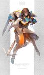  black_hair blonde_hair blue_eyes brown_eyes character_name facial_tattoo hebi_utage highres mechanical_halo mechanical_wings mercy_(overwatch) midair multiple_girls overwatch pantyhose pharah_(overwatch) smile staff tattoo wings 