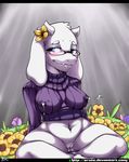 2017 anthro big_breasts blue_eyes blush boss_monster breasts caprine clothed clothing digital_media_(artwork) eyewear female flower fur glasses goat horn lactating looking_at_viewer mammal milk plant pussy sitting smile solo sruto sweater toriel undertale video_games white_fur 