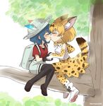 animal_ears animal_print ankle_boots backpack bag blue_hair blush boots bow bowtie closed_eyes eromame feathers gloves hat hat_feather holding_hands in_tree kaban_(kemono_friends) kemono_friends kiss loafers multiple_girls pantyhose pantyhose_under_shorts paw_shoes print_gloves print_legwear print_neckwear print_skirt serval_(kemono_friends) serval_ears serval_print serval_tail shoes short_hair shorts skirt tail thighhighs tree twitter_username yuri 