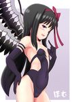  1girl akemi_homura black_bow black_hair blush bow breasts cameltoe covered_navel cowboy_shot elbow_gloves female gloves hair_bow long_hair mahou_shoujo_madoka_magica open_mouth qm small_breasts solo standing wings 