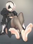  1girl barefoot blindfold breasts cleavage feet hairband nier_(series) nier_automata pantyhose parted_lips puffypinkpaws soles toes torn_clothes torn_pantyhose white_hair yorha_no._2_type_b 