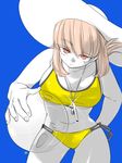  ball bangs beachball bent_over bikini braid breasts fate/grand_order fate_(series) florence_nightingale_(fate/grand_order) hat hikizan large_breasts long_hair looking_at_viewer pink_hair red_eyes smile solo sun_hat swimsuit white_hat 