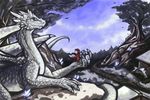  anthro chromamancer claws day detailed_background dragon duo feral lying membranous_wings outside scalie smile solo tree western_dragon white_scale wings 