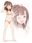  bangs breasts brown_eyes brown_hair collarbone hair_ornament hairclip high_school_fleet irizaki_mei looking_at_viewer navel one_eye_closed small_breasts solo sutee_(ripobita) swimsuit v 