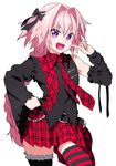  :d astolfo_(fate) asymmetrical_clothes black_legwear blush braid detached_sleeves fang fate/apocrypha fate/grand_order fate_(series) frills hair_ribbon long_hair looking_at_viewer male_focus mismatched_footwear onsoku_maru open_mouth otoko_no_ko pink_hair pointing pointing_at_self purple_eyes ribbon single_braid single_detached_sleeve single_sleeve smile solo striped striped_legwear thighhighs 