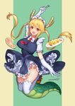  absurdres blonde_hair breasts covered_nipples dragon_girl dragon_horns dragon_tail fang food fork frills full_body gloves highres horns jumping kobayashi-san_chi_no_maidragon large_breasts long_hair looking_at_viewer maid_headdress necktie omurice open_mouth orange_eyes petticoat shc slit_pupils smile solo spoon tail thighhighs thighs tooru_(maidragon) twintails white_gloves white_legwear 