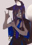  1girl animal_ears blue_eyes capelet dark_skin detached_collar e_draw_paint earrings female fox_shadow_puppet grin jewelry long_hair nail_polish necktie original smile solo strapless tail wasabi_iii 