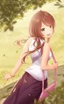  bracelet brown_eyes brown_hair highres jewelry long_hair looking_at_viewer looking_back original rimuu solo walking wind 