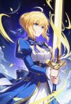  1girl absurdres ahoge artoria_pendragon_(fate) blonde_hair blue_bow bow braid braided_bun breasts chinese_commentary cleavage commentary_request dress excalibur_(fate/stay_night) fate/stay_night fate/unlimited_blade_works fate_(series) green_eyes hair_bun highres holding holding_sword holding_weapon honkai:_star_rail honkai_(series) lantian_ol medium_breasts official_alternate_costume saber_(fate) saber_(honkai:_star_rail)_(fate) short_hair solo sword weapon white_dress 