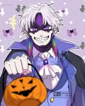 +++ 1boy absurdres ascot basket coat commentary_request dandadan earrings enjoji_jin evil_eye_(dandadan) grey_hair grin halloween halloween_bucket halloween_costume highres holding holding_basket jewelry looking_at_viewer male_focus open_clothes open_coat outstretched_arm possessed purple_eyes sharp_teeth short_hair smile solo takemoto0929 teeth third_eye upper_body white_ascot 