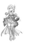  1girl bare_shoulders basket boots breasts camisole emil_chronicle_online finger_to_mouth flower frilled_skirt frills hair_flower hair_ornament highres holding holding_basket kasuga_yukihito le_fay_lore medium_breasts monochrome one_eye_closed skirt smile solo thigh_boots thighs wings wristband 