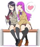  bench black_hair blazer blush commentary_request earrings flirting frown full_body glasses hand_on_another's_leg heartcatch_precure! jacket jewelry kirakira_precure_a_la_mode kneehighs kotozume_yukari long_hair multiple_girls myoudou_gakuen_high_school_uniform neck_ribbon open_mouth precure purple_eyes purple_hair ribbon school_uniform shoes sitting skirt smile sweatdrop tsukikage_yuri umanosuke yuri 