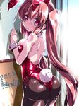  2017 animal_ears ass brown_hair brown_legwear bunny_ears bunny_tail bunnysuit cowboy_shot dated detached_collar from_behind kantai_collection leotard light_brown_hair long_hair looking_at_viewer miuku_(marine_sapphire) murasame_(kantai_collection) pantyhose red_eyes red_leotard signature smile solo strapless strapless_leotard tail twintails wrist_cuffs 