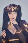  1girl beke_(cosplayer) black_hair bodystocking bodysuit bra breasts cleavage cosplay fire_emblem hair_ornament looking_at_viewer smile solo tharja twintails 