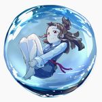  bare_legs barefoot brown_hair closed_mouth full_body half_updo highres holding_breath holding_legs in_bubble in_container kagari_atsuko knees_up little_witch_academia long_hair long_sleeves looking_away looking_up luna_nova_school_uniform ponytail red_eyes smile solo sphere submerged tei-o water white_background 