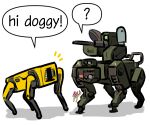  2others ? battlefield_(series) battlefield_2042 battlefield_6 boston_dynamics commentary english_commentary english_text jazz_jack multiple_others no_humans non-humanoid_robot ranger_(battlefield_2042) robot simple_background speech_bubble spoken_question_mark spot_(boston_dynamics) white_background 
