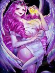  1girl absurdres angel angel_wings breasts cleavage colored_skin cookie_run cookie_run:_kingdom dress eternal_sugar_cookie halo highres humanization long_hair looking_at_viewer mujigadok002 pink_eyes pink_hair pink_skin smile solo very_long_hair white_dress white_eyeshadow wings 